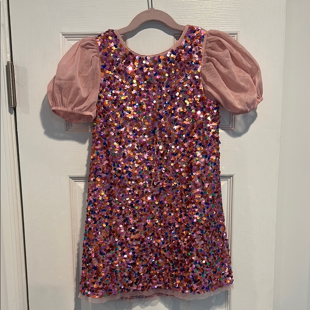 Pink Sequin Dress with Puff Sleeves